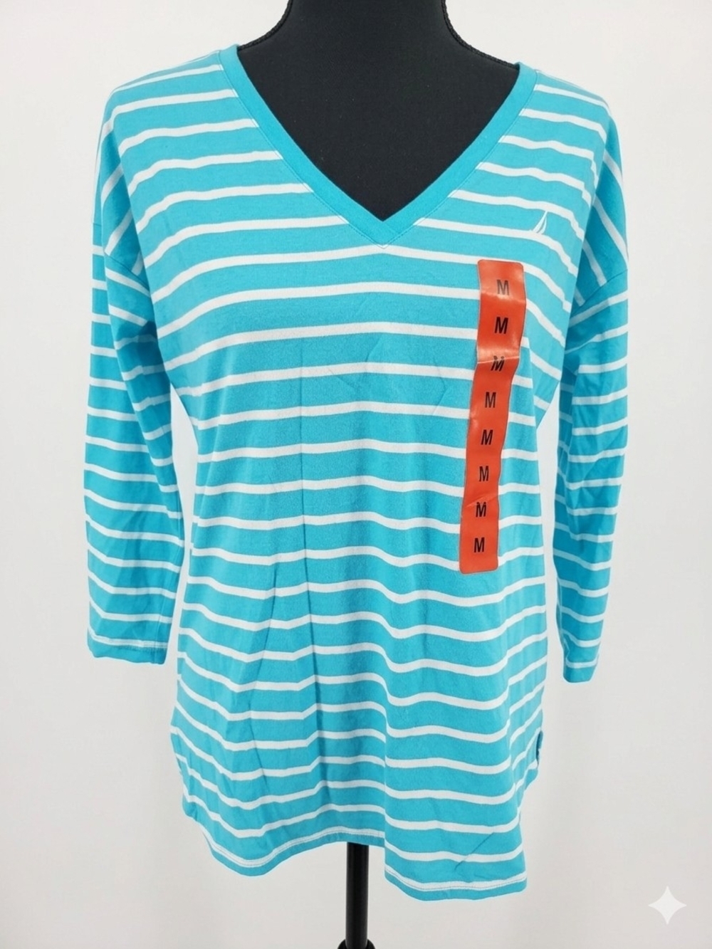 Nautica Teal and White Striped V-Neck Long Sleeve Top
